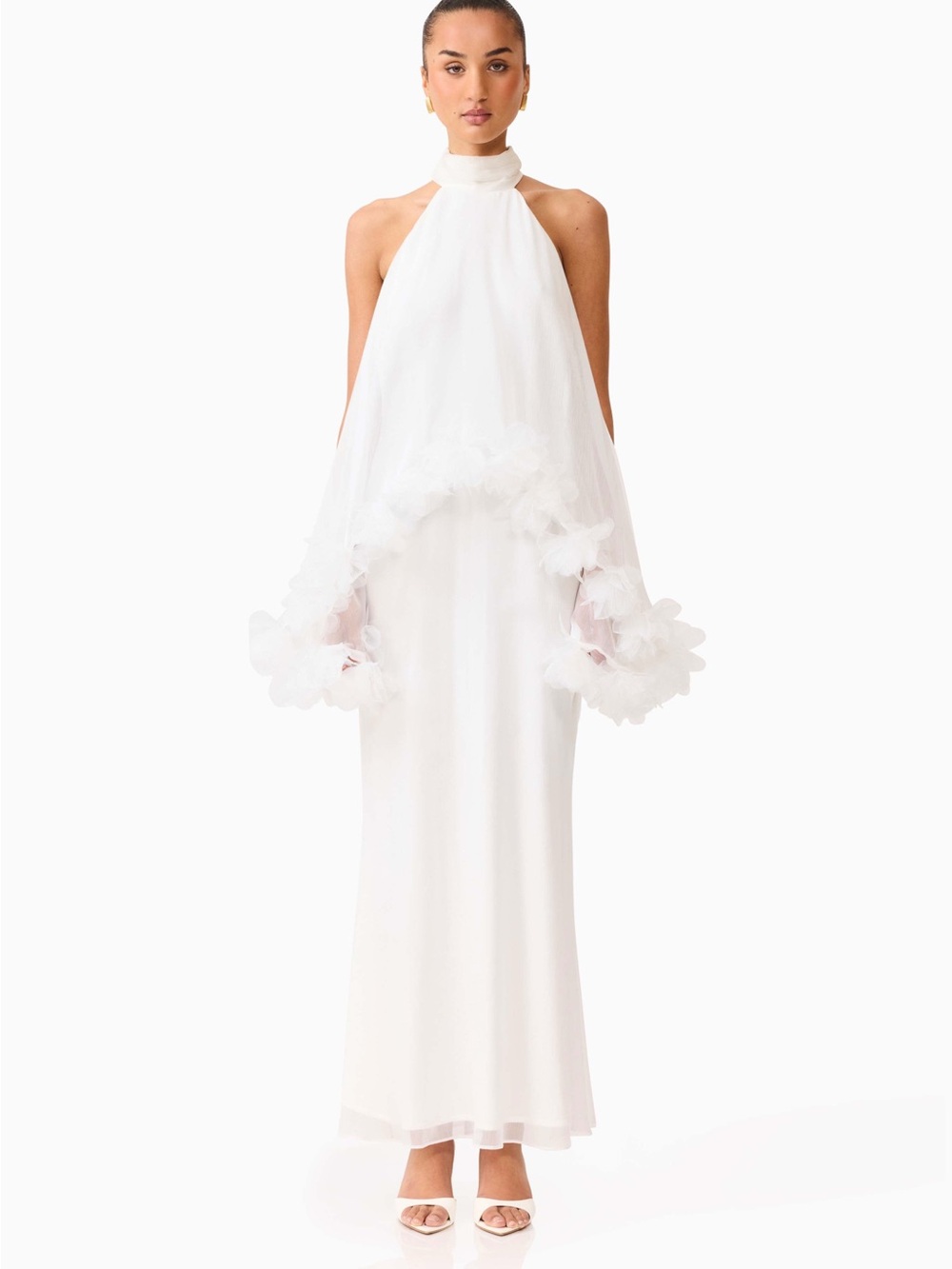 Elliatt Poppy White Halter Maxi Gown with Tulle Ruffle Cape